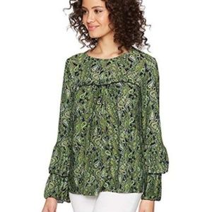 NEW Michael Kors Blouse Green  Paisley Boho Bell  Tiered Top Ruffle Sleeve S
